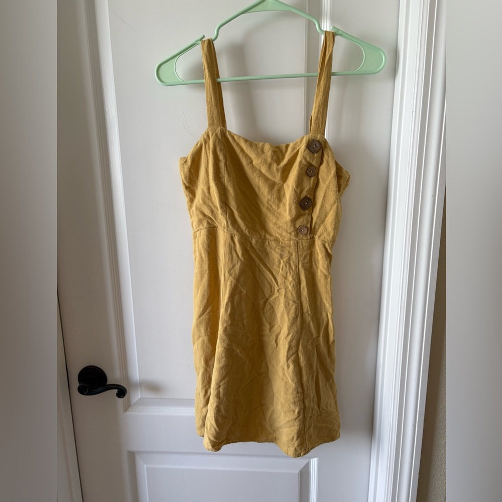 Le Lis Mustard Linen Blend Sundress Small Button Detail Strappy Lined Dress